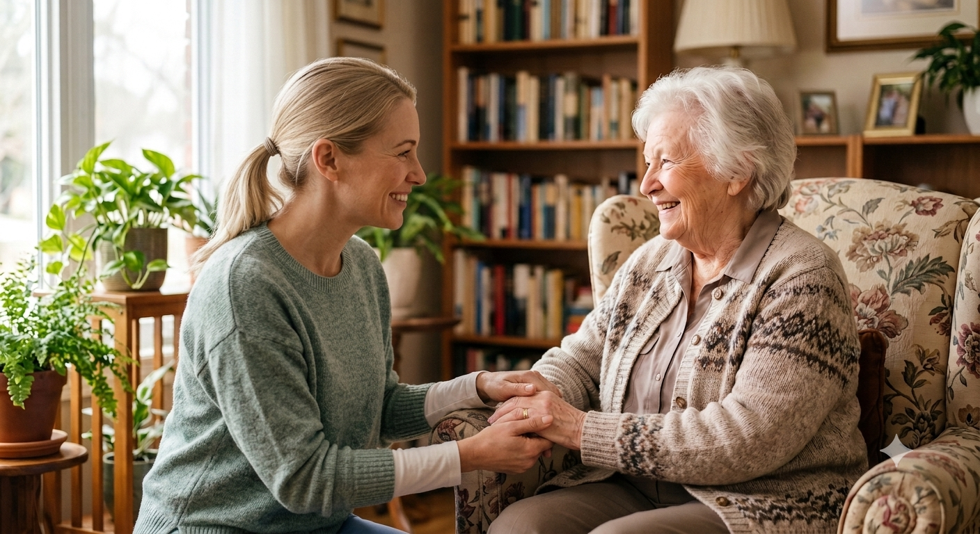 Young Indian caregiver warmly assisting elderly Indian woman at home